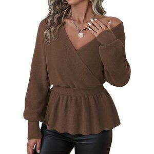 Women's Knit Peplum Sweater Long Sleeve Fall V Neck Casual Dressy Tops